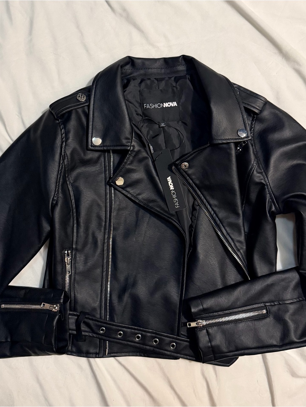 Fashion Nova Black Faux Leather Biker Jacket with Zip Details